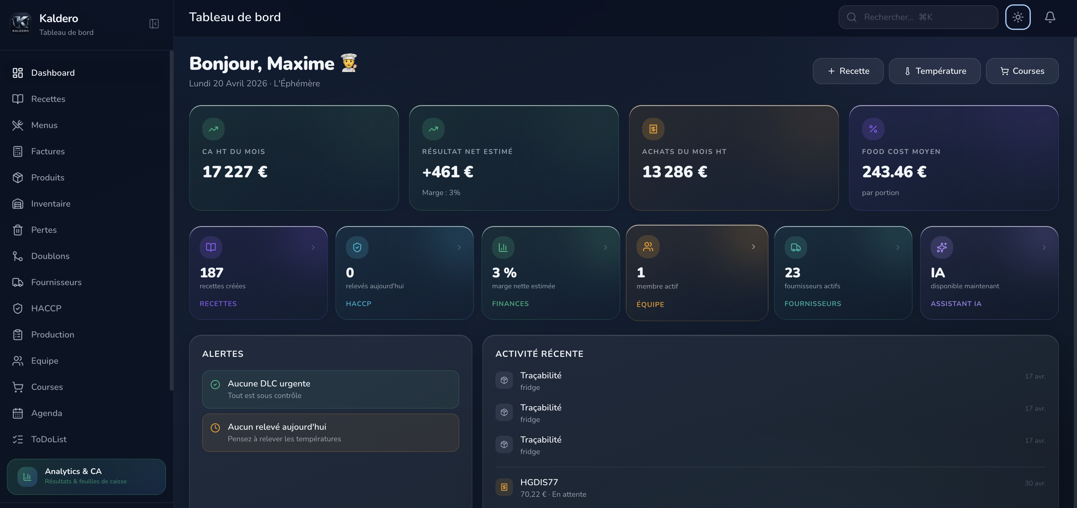 Dashboard Kaldero, mode sombre
