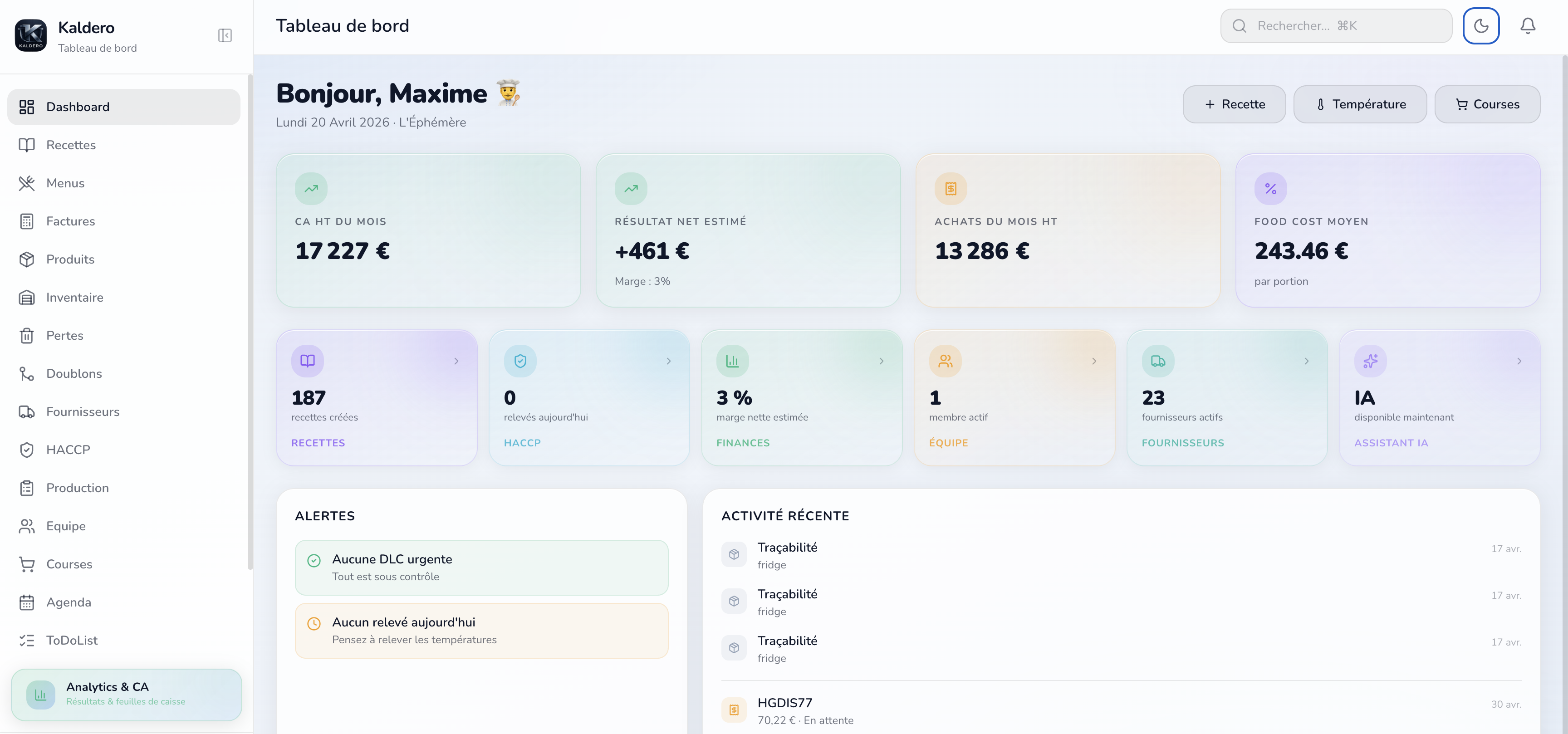 Dashboard, mode clair